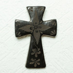 Barro negro wall cross, ‘Little Flower of Luck’ - Handcrafted Mexican Barro Negro Ceramic Wall Cross