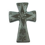 Barro negro wall cross, ‘Little Flower of Luck’ - Handcrafted Mexican Barro Negro Ceramic Wall Cross