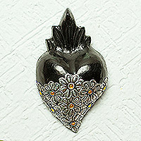 Barro negro wall accent, 'Miniature Heart Too' - Mexican Heart-shaped Black Ceramic or Barro Negro Wall Art