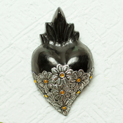 Barro negro wall accent, 'Miniature Heart Too' - Mexican Heart-shaped Black Ceramic or Barro Negro Wall Art