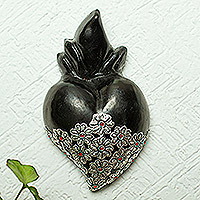 Barro negro wall accent, 'Miniature Heart in Black' - Mexican Heart-shaped Black Ceramic or Barro Negro Wall Art