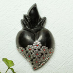 Barro negro wall accent, 'Miniature Heart in Black' - Mexican Heart-shaped Black Ceramic or Barro Negro Wall Art