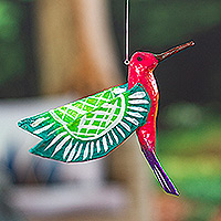 Papier mache ornament, 'Pink and Green Hummingbird' - Handmade Pink Hummingbird Papier Mache Ornament from Mexico