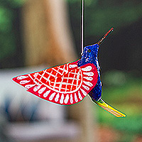 Adorno de papel maché, 'Colibrí azul y rojo' - Adorno de papel maché de colibrí azul hecho a mano de México