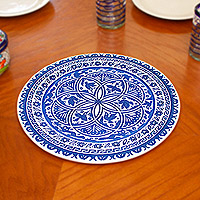 Lacquered pinewood decorative plate, 'Blue Forest Frolic' - Blue & White Olinala-Inspired Lacquered Decorative Plate