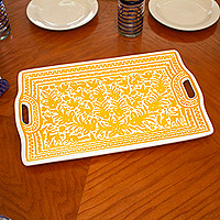 Lacquered wood tray, 'Forest Joy' - Hand Painted White & Yellow Olinala-Inspired Lacquered Tray