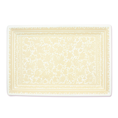 14 x 20 In White & Beige Olinala-Inspired Lacquered Tray