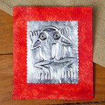 Aluminum and amate paper greeting card, 'Mighty Frog' - Relief Engraving Aluminum Greeting Card with Paper Frame