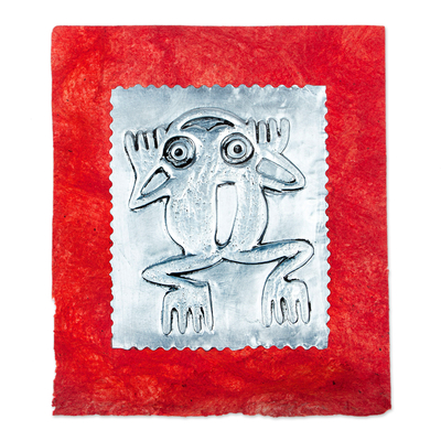 Aluminum and amate paper greeting card, 'Mighty Frog' - Relief Engraving Aluminum Greeting Card with Paper Frame