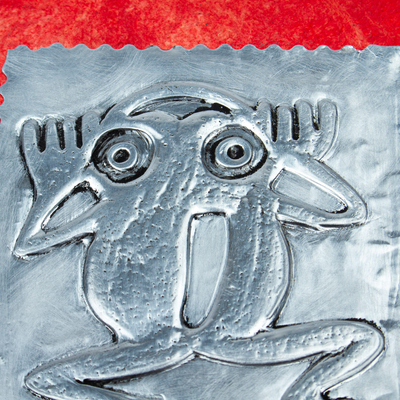 Aluminum and amate paper greeting card, 'Mighty Frog' - Relief Engraving Aluminum Greeting Card with Paper Frame