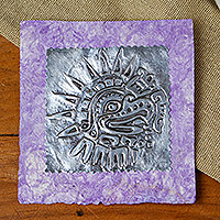Aluminum and amate paper greeting card, 'Mighty Quetzal' - Relief Engraving Aluminum Card with Paper Frame