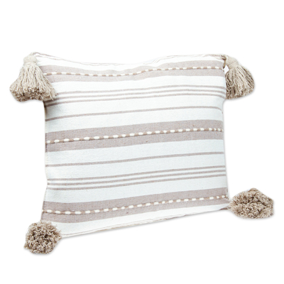 Cotton cushion cover, 'Ecru Elegance' - Ecru and Mushroom Handloomed Cushion Cover from Mexico