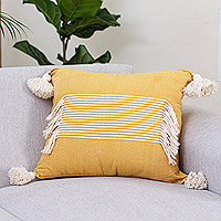 Cotton cushion cover, 'Honey Home' - Honey and Ivory Cotton Cushion Cover Handloomed in Mexico