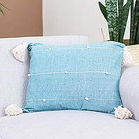 Cotton cushion cover, 'Aqua Spirit' - Handloomed Striped Aqua Cotton Cushion Cover from Mexico