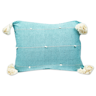 Kissenbezug aus Baumwolle - Handgewebter, gestreifter Kissenbezug aus Aqua-Baumwolle aus Mexiko