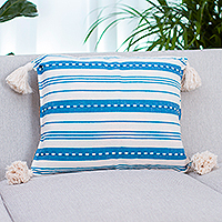 Cotton cushion cover, 'Azure Elegance' - Azure and Alabaster Handloomed Cushion Cover from Mexico