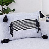 Cotton cushion cover, 'Cozy Snow White' - White and Black Cotton Cushion Cover Handloomed in Mexico