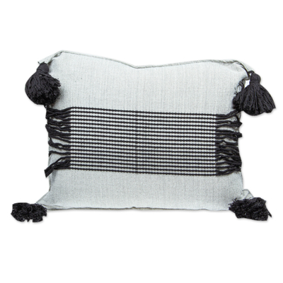Cotton cushion cover, 'Cozy Snow White' - White and Black Cotton Cushion Cover Handloomed in Mexico