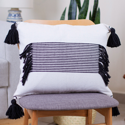 Cotton cushion cover, 'Cozy Ivory' - Black and Ivory Cotton Cushion Cover Handloomed in Mexico