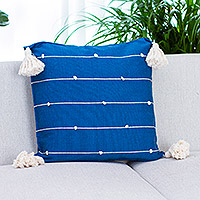 Cotton cushion cover, 'Cyan Spirit' - Handloomed Vertical Striped Cyan Cotton Cushion Cover