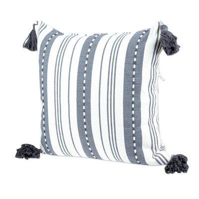 Cotton cushion cover, 'Grey Elegance' - Grey and Ivory Striped Handloomed Cushion Cover from Mexico