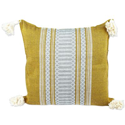Cotton cushion cover, 'Yellow Tradition' - Mexican Handloomed Yellow and Alabaster Cotton Cushion Cover