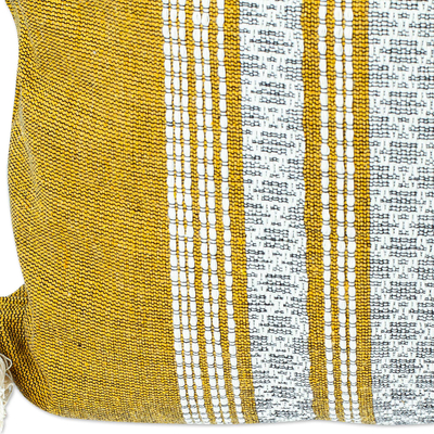 Kissenbezug aus Baumwolle - Mexikanische handgewebte Kissenhülle aus gelber und Alabaster-Baumwolle