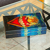 Decoupage decorative box, 'Sacred San Miguel's Heart' - Pine Wood Decoupage Decorative Box from Mexico