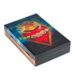 Decoupage decorative box, 'Sacred San Miguel's Heart' - Pine Wood Decoupage Decorative Box from Mexico