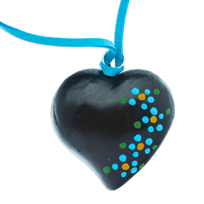 Handmade Heart-shaped Ceramic Pendant Necklace in Black