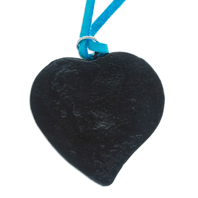 Ceramic pendant necklace, 'Heart and Harmony' - Handmade Heart-shaped Ceramic Pendant Necklace in Black