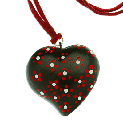 Barro negro pendant necklace, 'Heart of Love' - Heart-shaped Hand-painted Black Ceramic Pendant Necklace