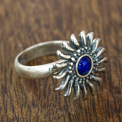 Lapis lazuli cocktail ring, 'Sun in Blue' - Sun-themed Lapis Lazuli and Sterling Silver Cocktail Ring