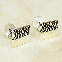 Men's silver cufflinks, 'Zebra Spell' - Handmade Mexican Taxco Silver Cufflinks with Modern Design
