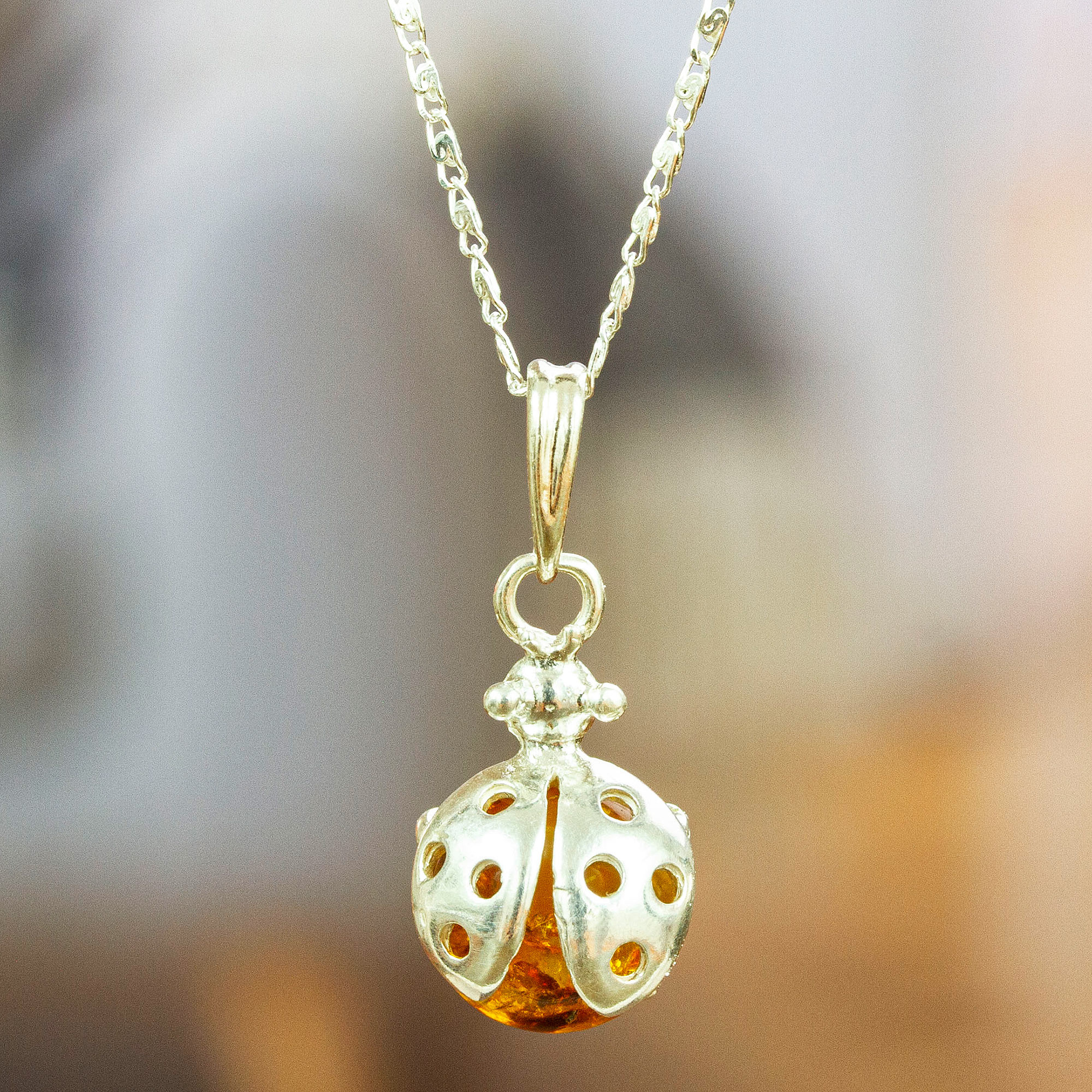 925 Sterling Silver and Amber Pendant Necklace from Mexico - Bright Ladybug  | NOVICA