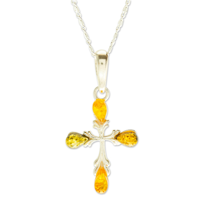 925 Sterling Silver Amber Cross Pendant Necklace from Mexico