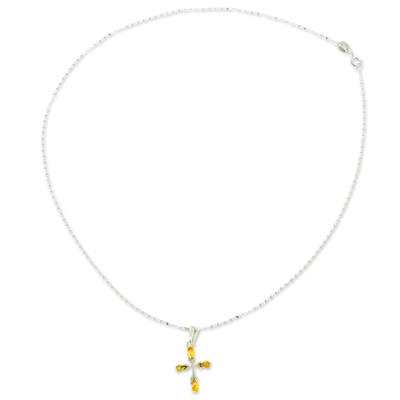 Amber pendant necklace, 'Cross of Courage' - 925 Sterling Silver Amber Cross Pendant Necklace from Mexico