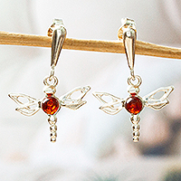 Amber dangle earrings, 'Bright Dragonfly' - 925 Sterling Silver and Amber Dangle Earrings from Mexico