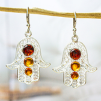 Amber dangle earrings, 'Warm Hand of Fatima' - 925 Sterling Silver and Amber Hamsa Dangle Earrings