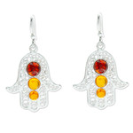 Amber dangle earrings, 'Warm Hand of Fatima' - 925 Sterling Silver and Amber Hamsa Dangle Earrings