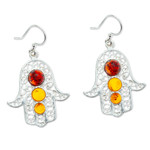 Amber dangle earrings, 'Warm Hand of Fatima' - 925 Sterling Silver and Amber Hamsa Dangle Earrings