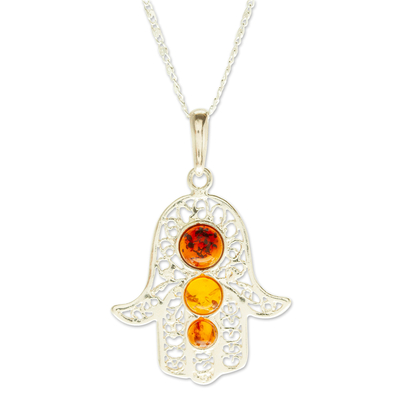 925 Sterling Silver Amber Hamsa Pendant Necklace from Mexico