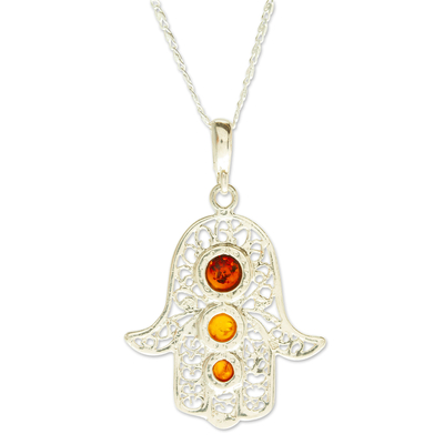 Amber pendant necklace, 'Hamsa of Courage' - 925 Sterling Silver Amber Hamsa Pendant Necklace from Mexico