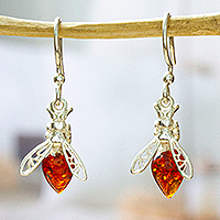 Amber dangle earrings, 'Amber Bees' - Mexican 925 Sterling Silver and Amber Dangle Earrings