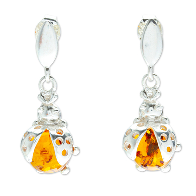 Amber dangle earrings, 'Sweet Ladybug' - 925 Sterling Silver and Amber Ladybug Dangle Earrings