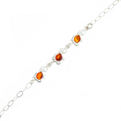 Sterling silver and amber link bracelet, 'Amber and Elephants' - 925 Sterling Silver and Amber Link Bracelet with Elephants