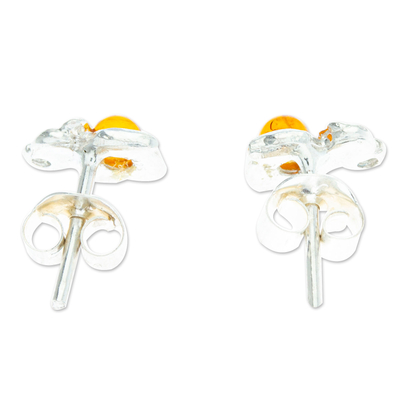 Amber stud earrings, 'Elephant's Warmth' - 925 Sterling Silver and Amber Elephant Stud Earrings