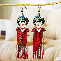 Beaded waterfall earrings, 'Frida Forever' - Artisan Crafted Long Beaded Earrings