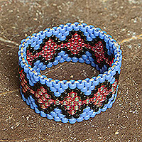 Beaded band ring, 'Blue Wavelengths' - Handcrafted Beaded Wide Band Ring