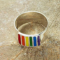Enameled sterling silver band ring, 'Pride of Mexico' - Band Ring With Enamel Rainbow Motif